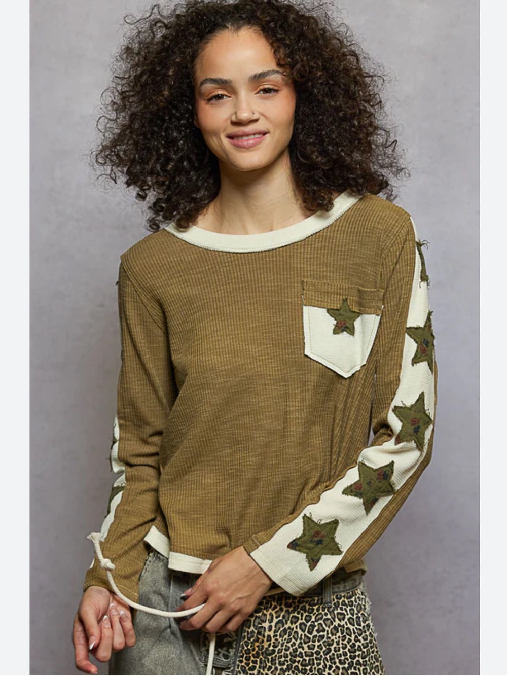 New: POL Boho Patchwork Floral Stars Round Neck Ribbed Detail Long Sleeve Top• S
